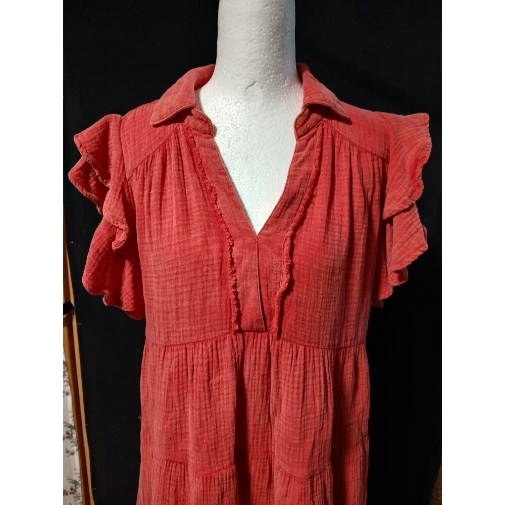 Umgee Faded out look  Red Dress with Ruffle short Sleeves Frayed hems Small - Picture 2 of 11
